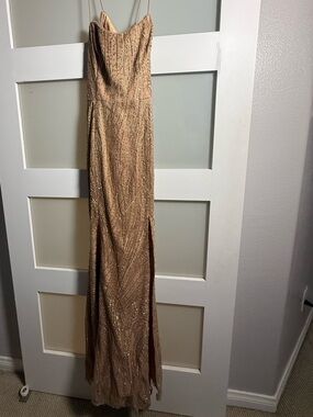 David's Bridal Champagne Sequin Spaghetti Strap Gown